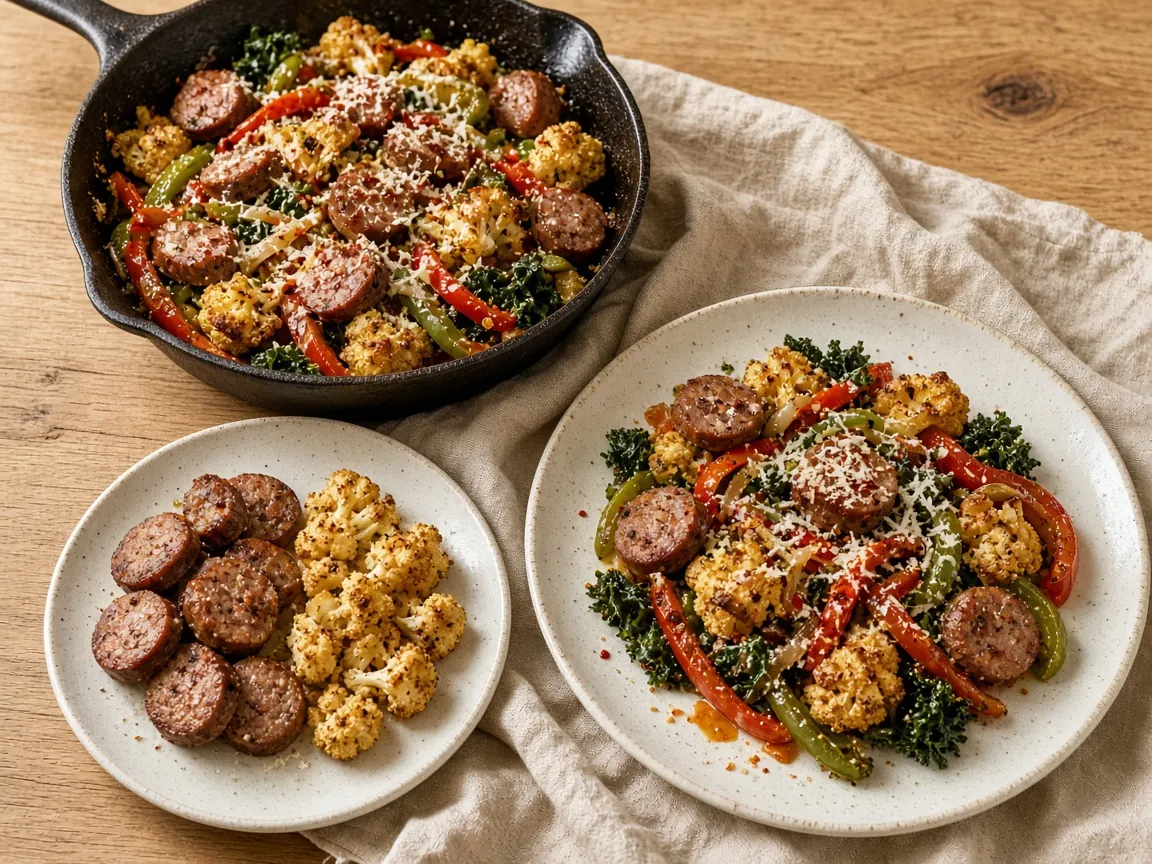 Sausage and Veggie Skillet in a cast iron pan, next to a kid plate with sausage coins and golden cauliflower in separate piles and a grown-up plate of the full mix with peppers, kale and Parmesan.